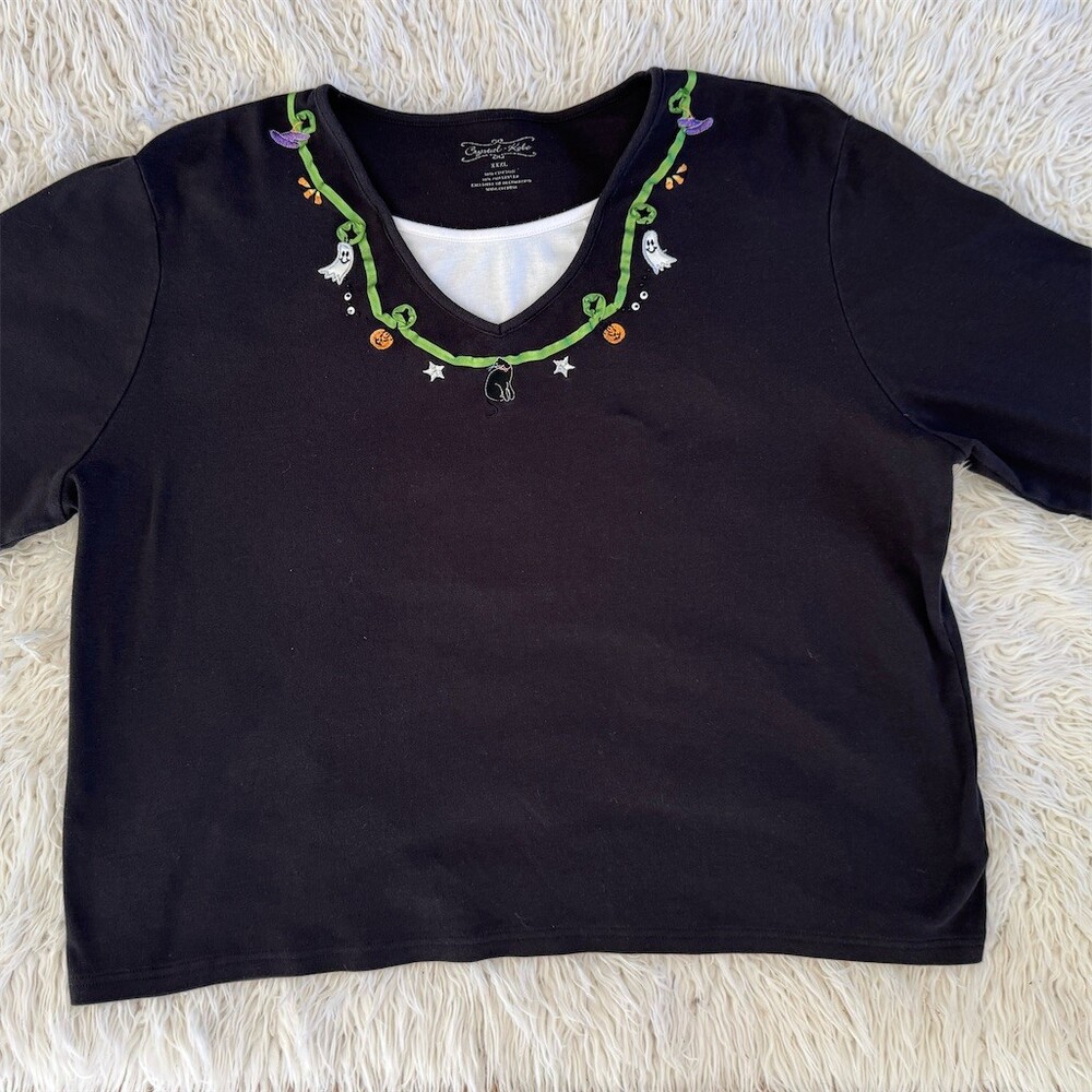 Crystal Kobe Blouse Womens 3XL Black V-Neck 3/4 Sleeve Halloween